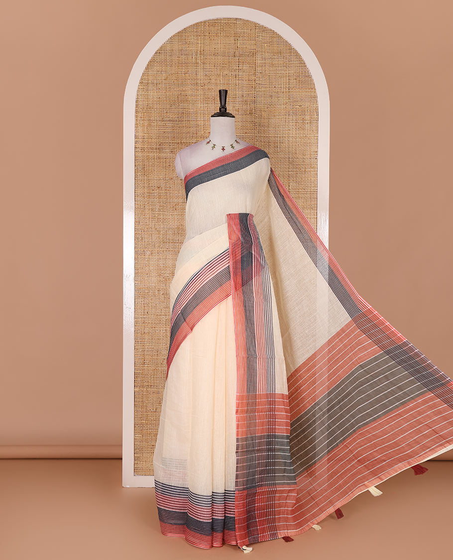 Cream full-plain linen saree, multi-color horizontal striped border, contrast striped pallu, and plain blouse