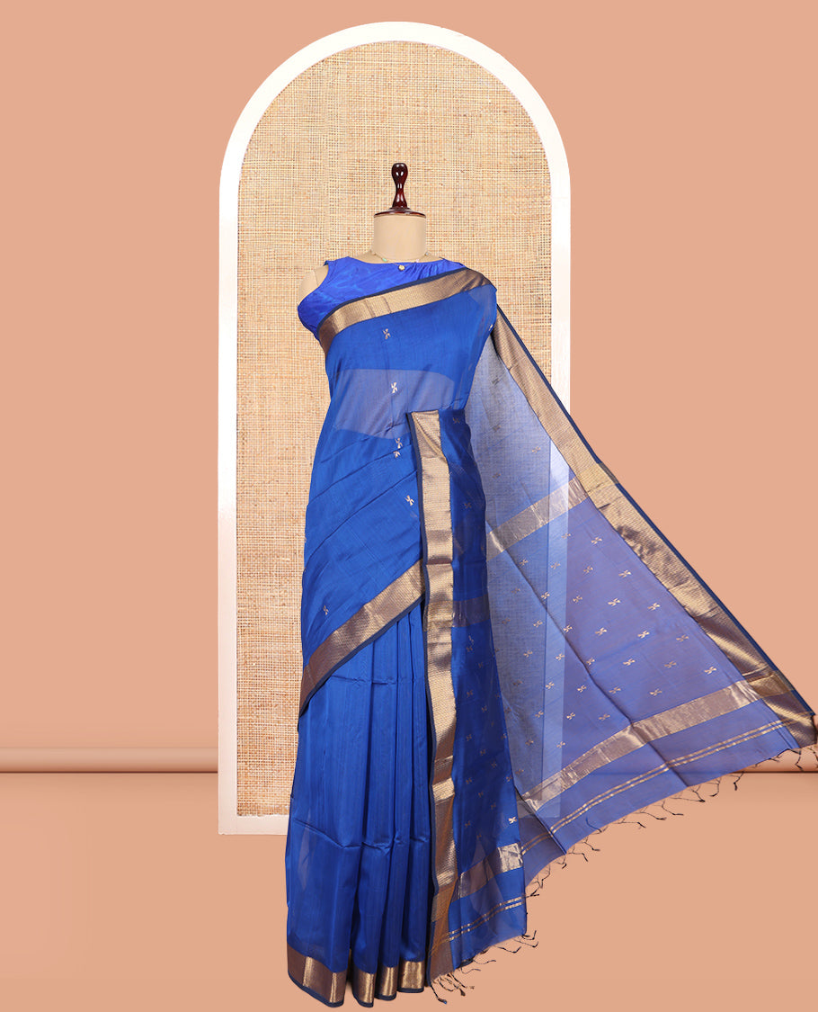 M.s Blue Maheshwari Cotton Saree, Embellished with Zari Buttas, a Contrast Zari Border, Zari Buttas Woven Pallu, and a Matching Blouse