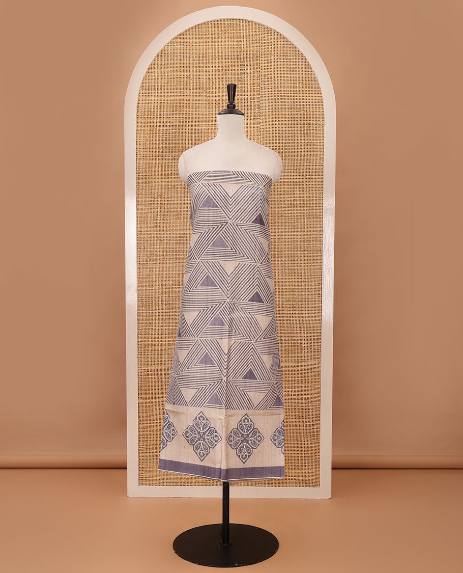 Grey semi-tussar material chudidar set, triangle printed top, heathered bottom & dupatta of triangle & four-petal floral print