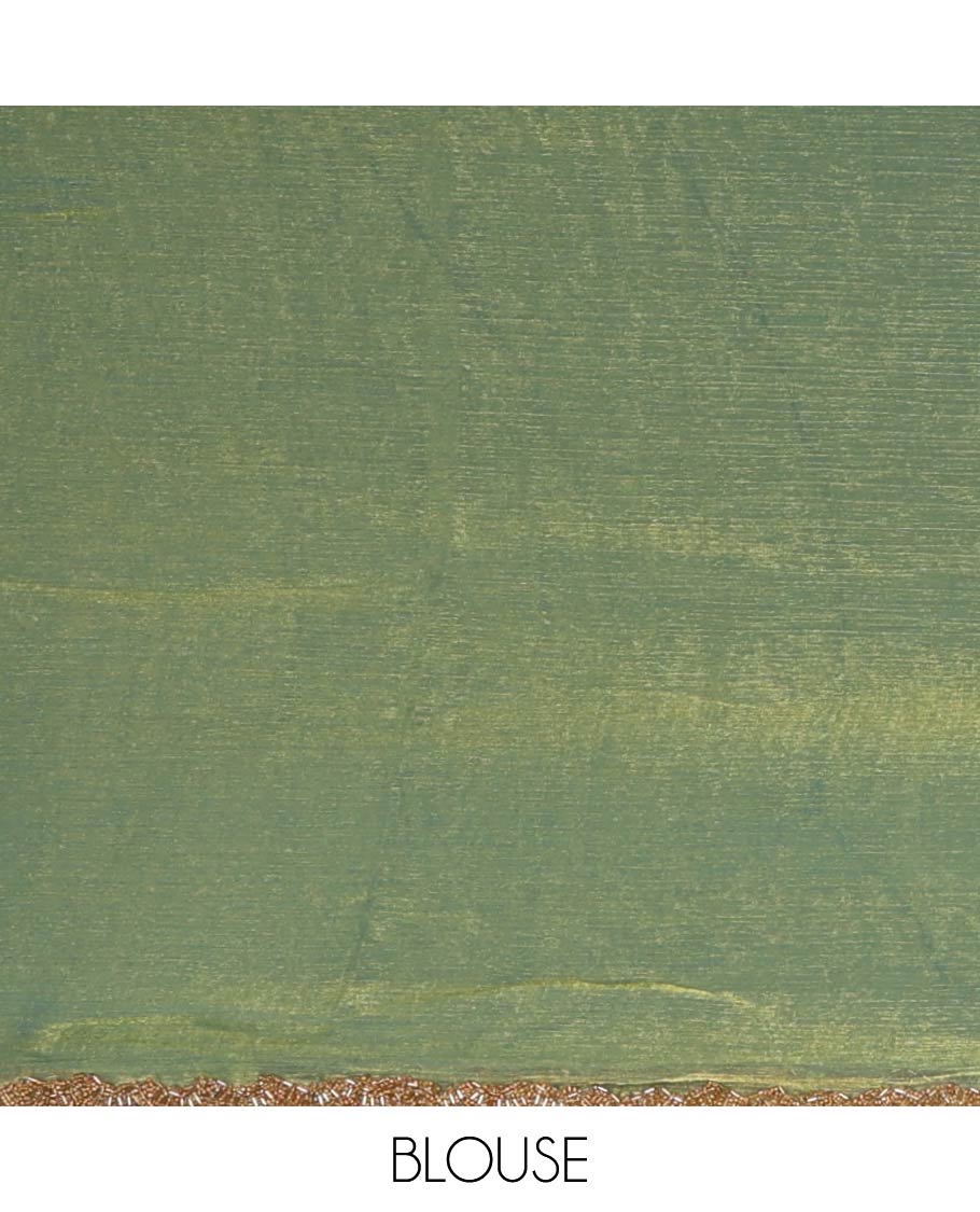 Parrot green fendy chiffon saree with hand work border & self pallu along with hand work blouse