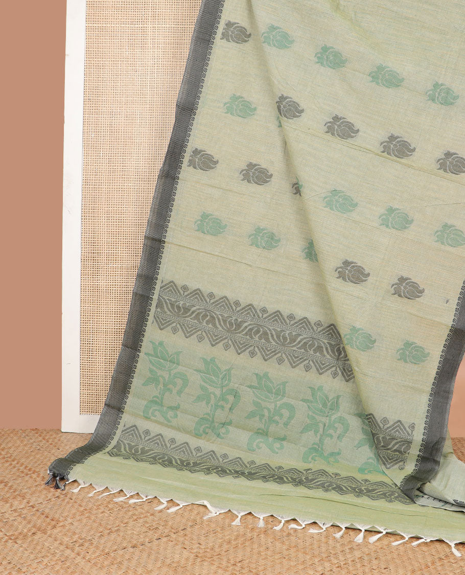 Green floral motifs kanchi cotton saree with contrast striped border & floral design pallu