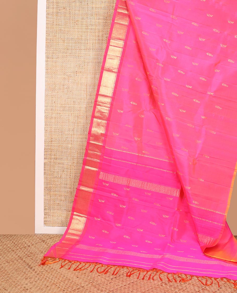 Pink floral buttas kancheepuram silk saree with contrast border of rekku, banaras, muthu, geometric design & floral pallu