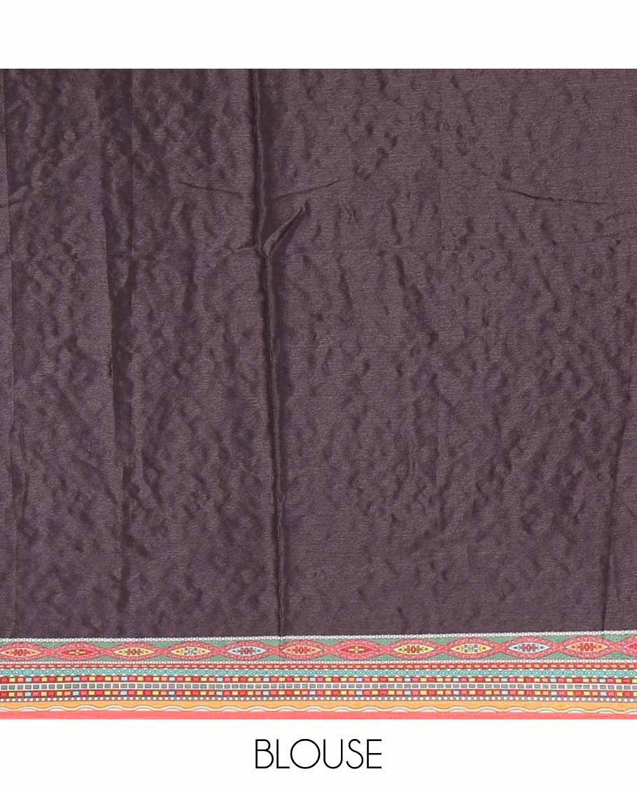 Multi color geometric design, mirror work synon silk saree with printed border, mirror work & printed pallu along with plain blouse