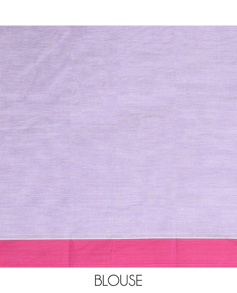 Lavender Kanchi Cotton Saree, Embellished with Floral Buttas All Over Its Body, Complemented by a Contrast Border, Pallu Features Geometric and Paisley Patterns, and Paired with a Matching Blouse