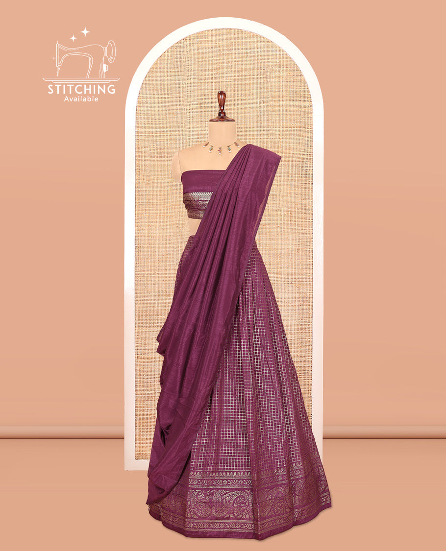 Purple Vichitra Silk Half Saree with Zari Checks, a Traditional Zari Border, Matching Blouse and a Dhavani
