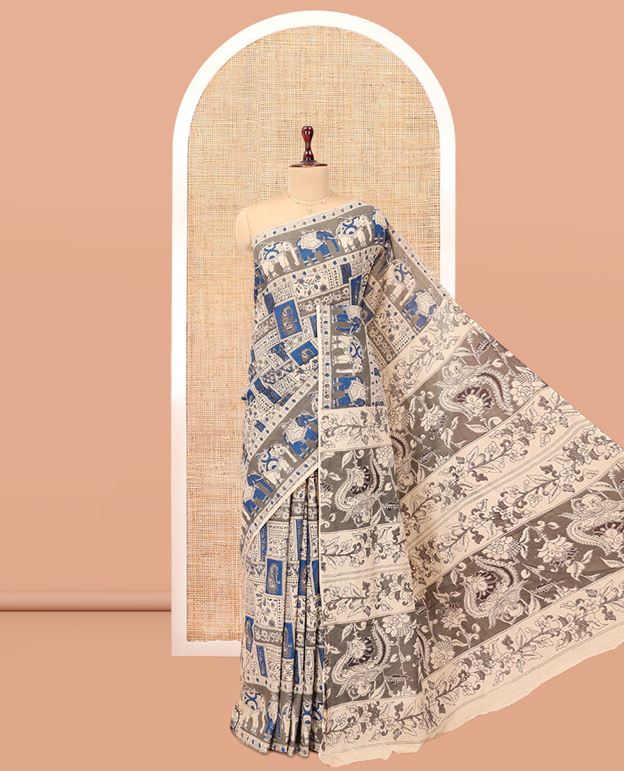 Blue-Grey Kalamkari Cotton Saree, Accentuated with Intricate Print, Complemented By Printed Border, Kalamkari Peacock Motifs Pallu, and a Matching Blouse