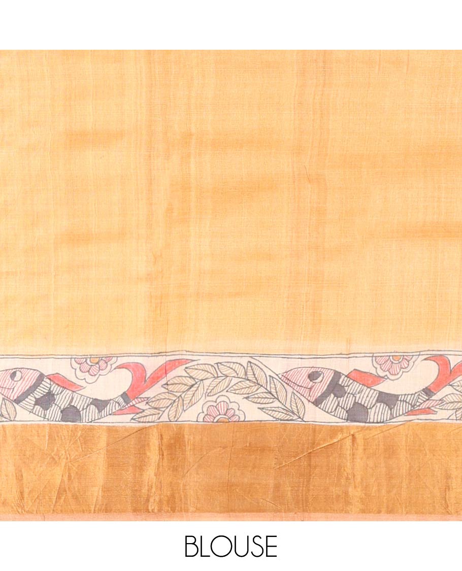 Light brown fish design tussar saree with contrast border & striped, fish design pallu