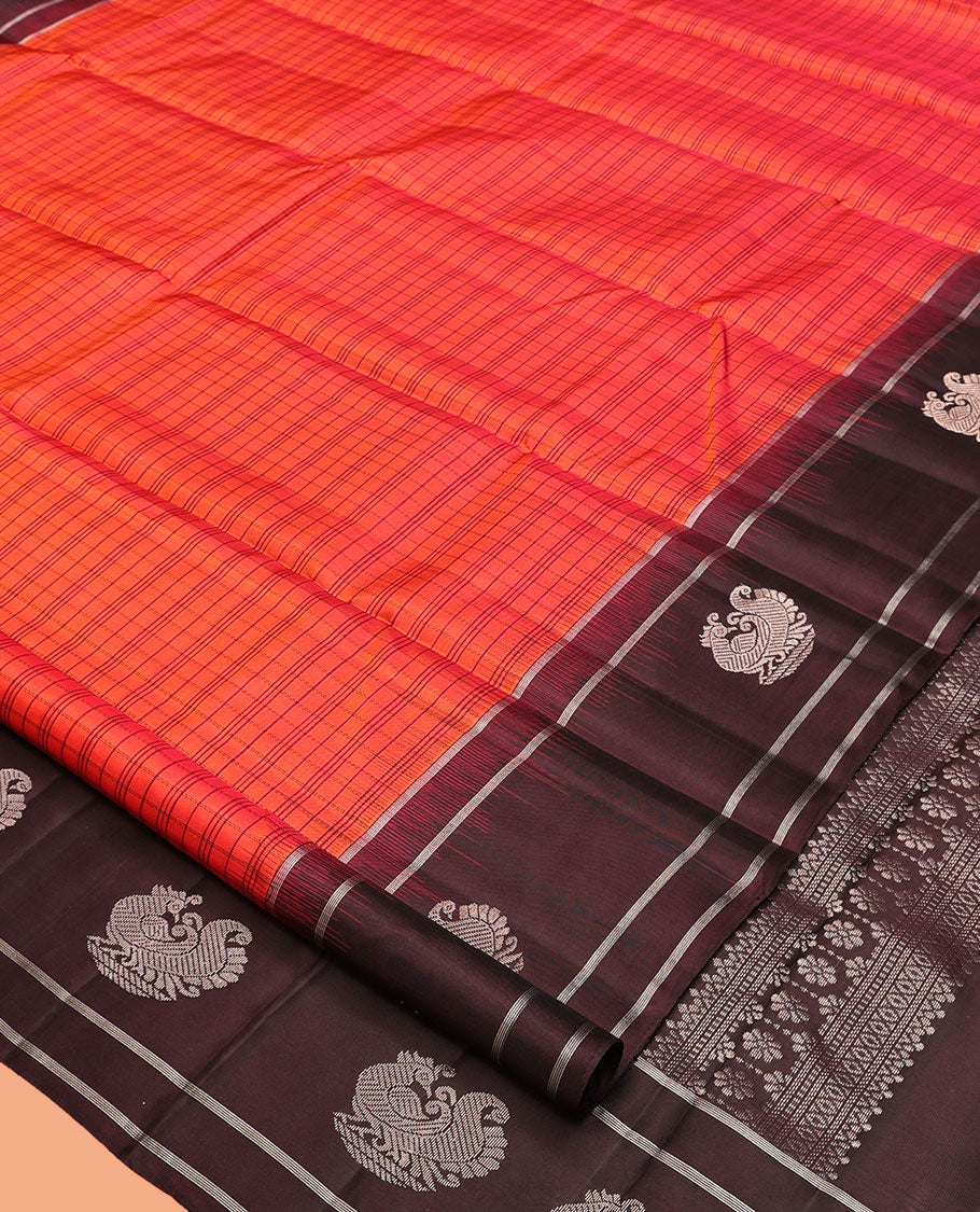 Red Kanchipuram Silk Saree, Elevated with Checks, Complemented By Contrast Zari Border of Mayil Design, Intricate Pallu, and a Contrast Blouse