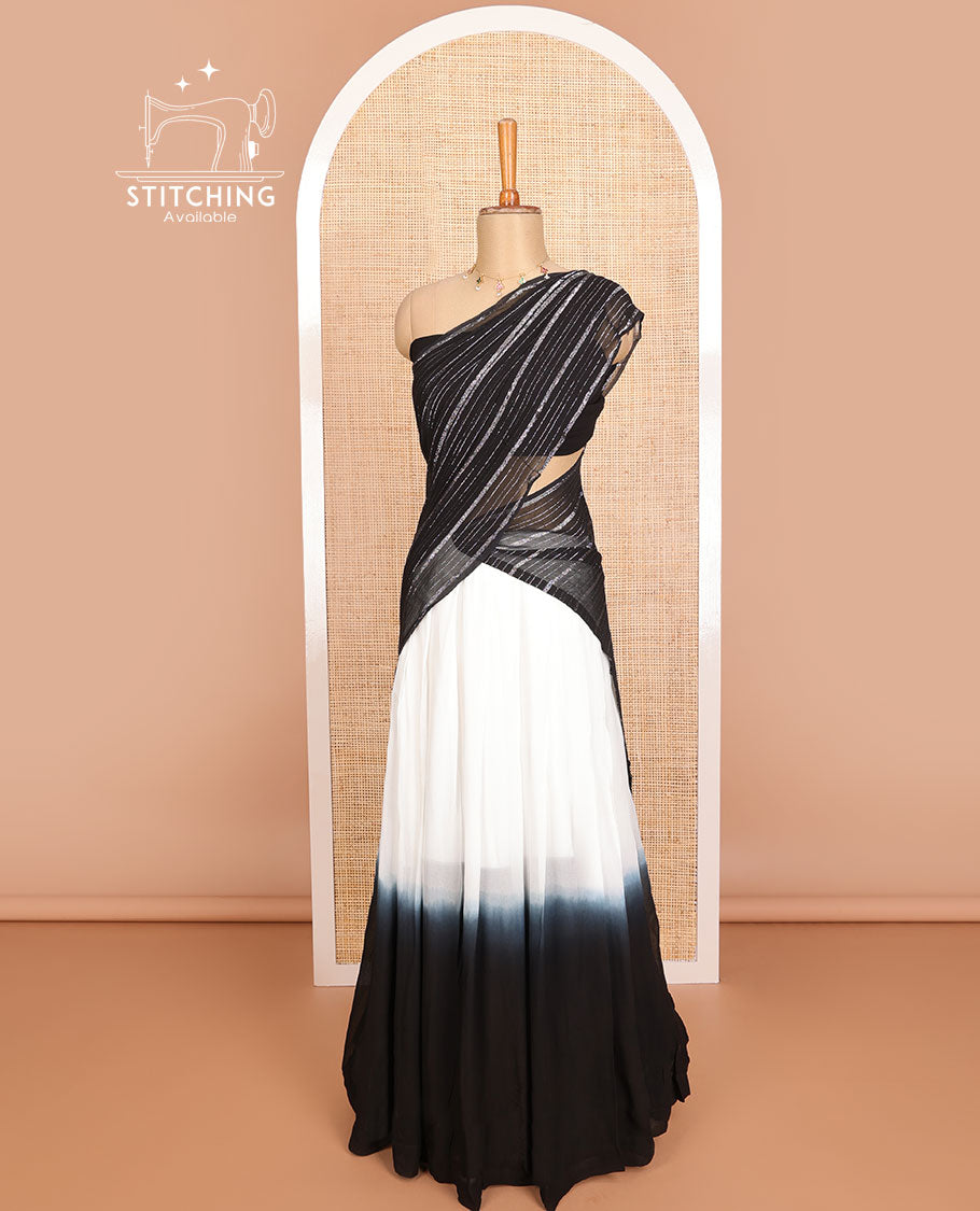 White & black georgette half saree with plain blouse & striped dhavani