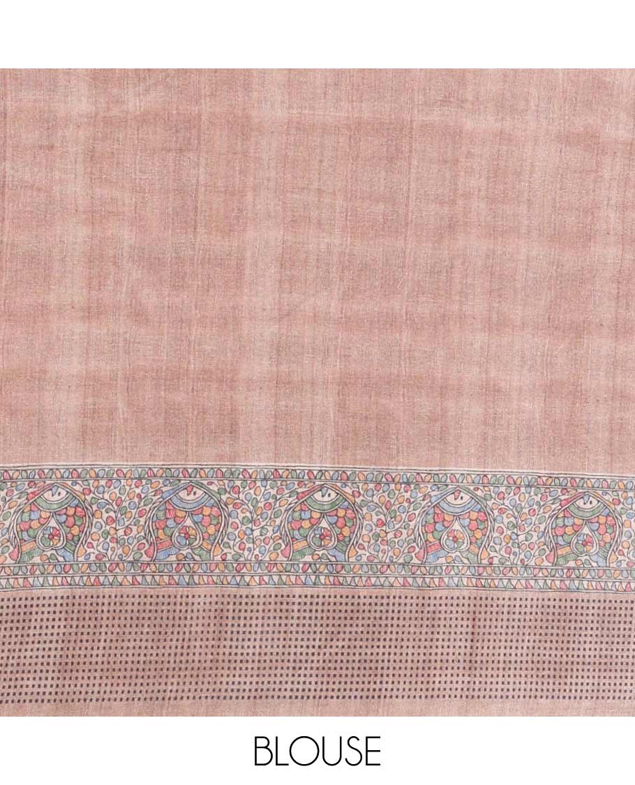 Chikku color madhubani printed semi tussar saree with double butta, madhubani printed border & madhubani printed pallu along with plain blouse