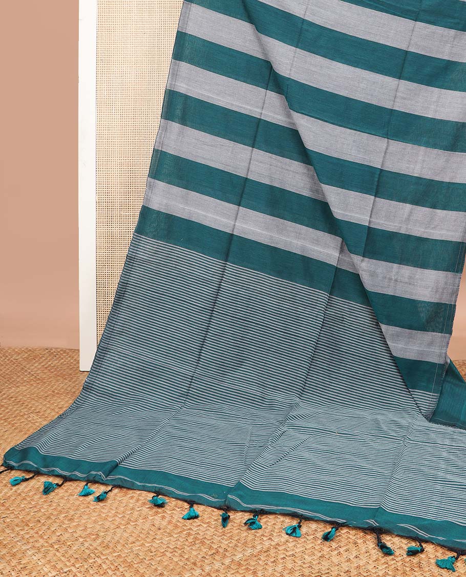 Borderless Grey with green striped khadi cotton saree