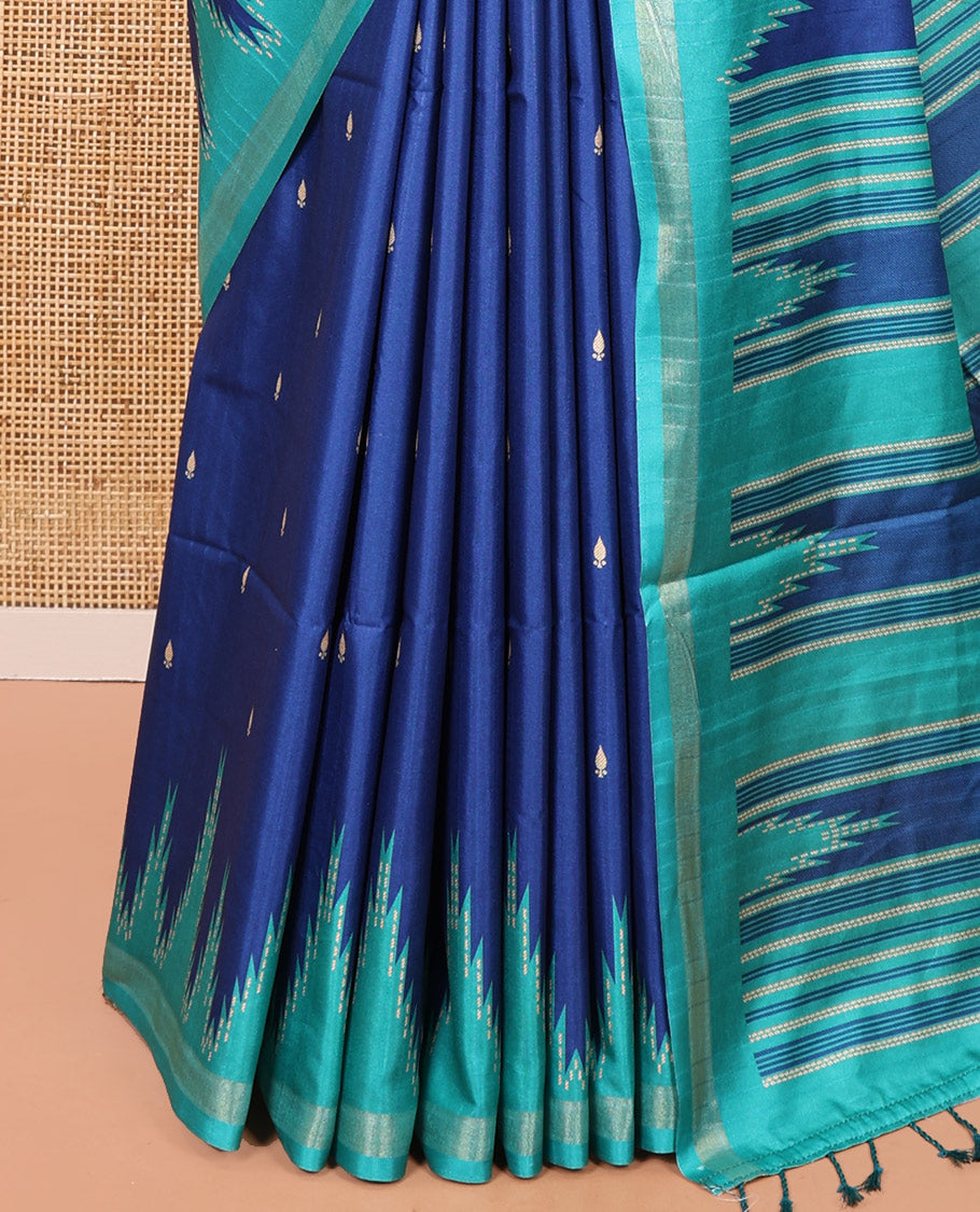 Blue Kathan Silk Saree Adorned with Buttas, Contrast Temple Border, Temple pallu, and Striped Blouse