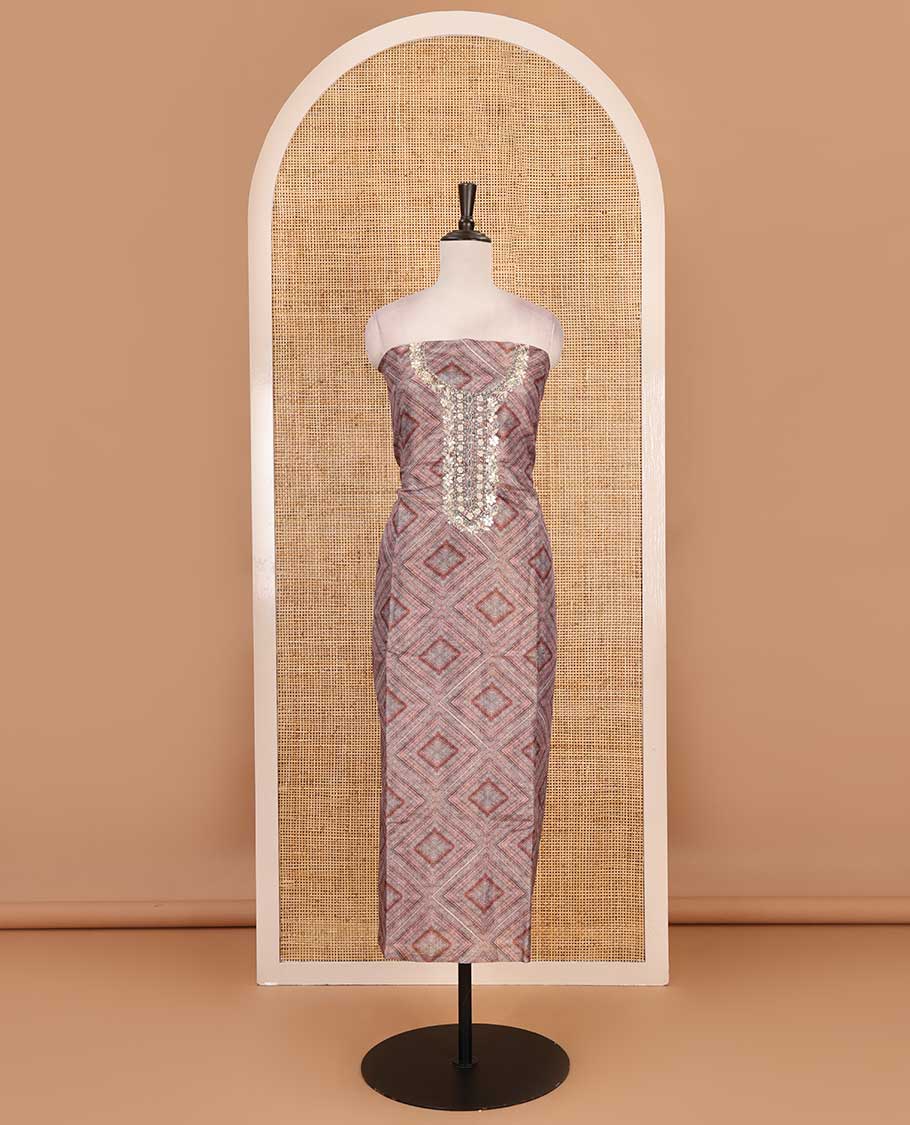 Grey and rust material chudidar set, geometric digital printed with neck embroidered Shimmer tissue top, santoon bottom, and floral printed Shimmer tissue dupatta