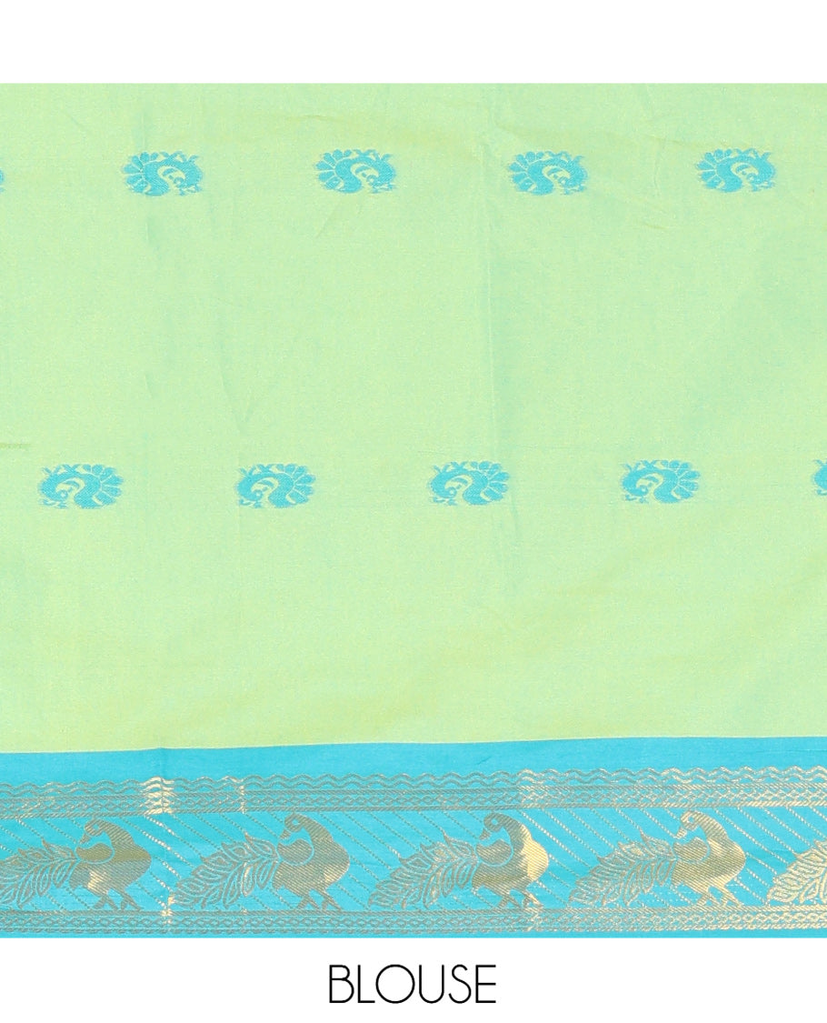 Parrot Green-Rama Peacock Buttas Semi-Soft Silk Saree, Contrast Peacock Border, Buttas Pallu, Matching Blouse