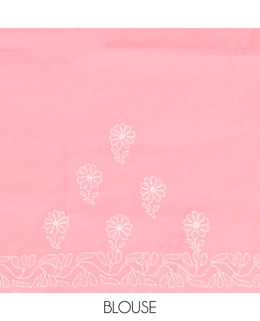 Light pink floral thread embroidery chikankari cotton saree with self embroidery border with floral design embroidery pallu