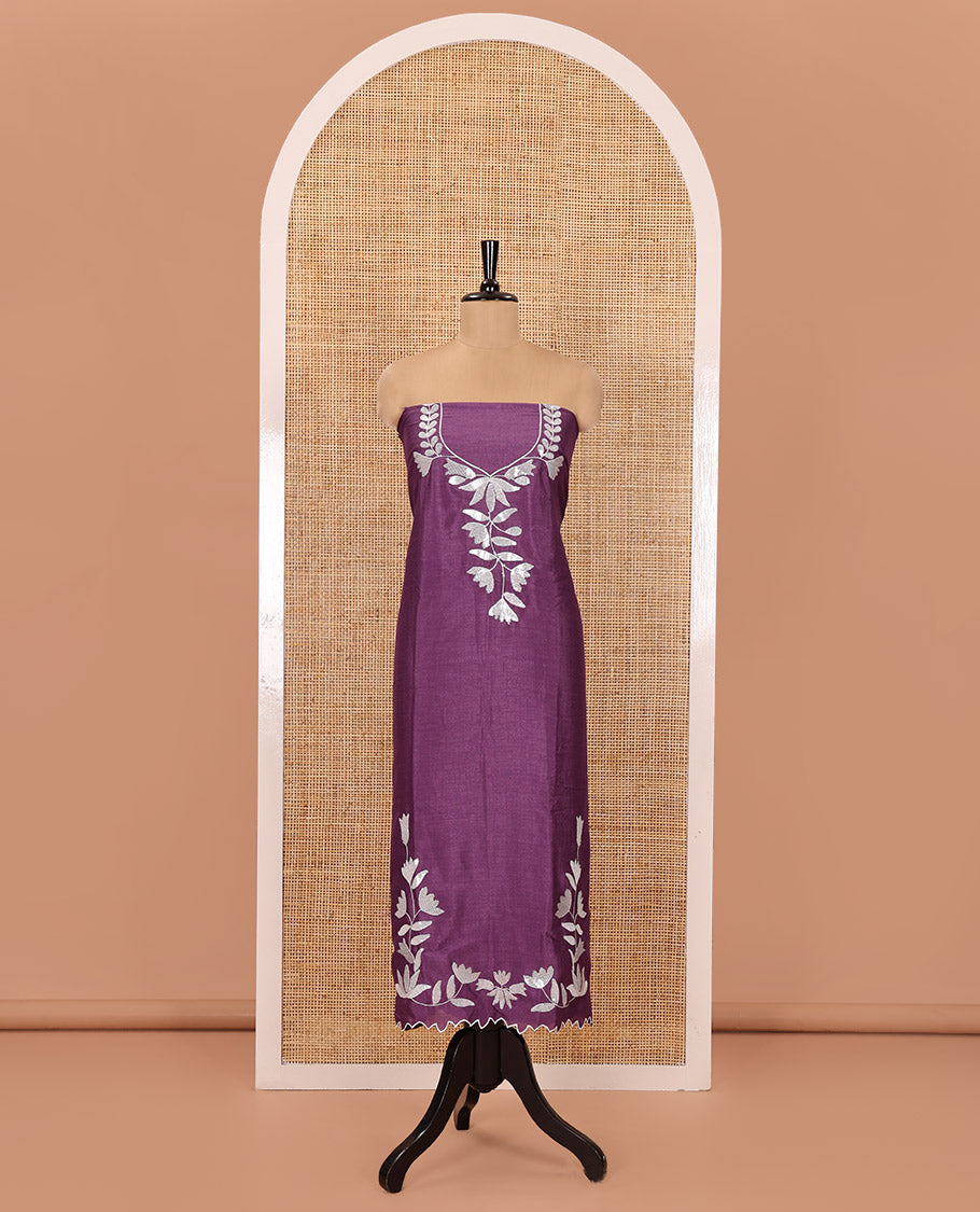 Dark Lavender Material Churidar Set, Detailed with Floral Motifs Sequins-Thread Embroidered on Its Vichitra Silk Top, Comes with a Contrast Santoon Bottom, and Paired with a Vichitra Silk Floral Embroidered Scallop Dupatta