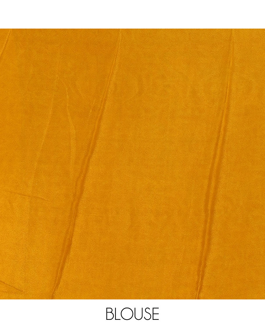 Cream leaf motifs printed crepe silk saree, contrast yellow printed blouse, kaleidoscope coloured intricately printed border & pallu