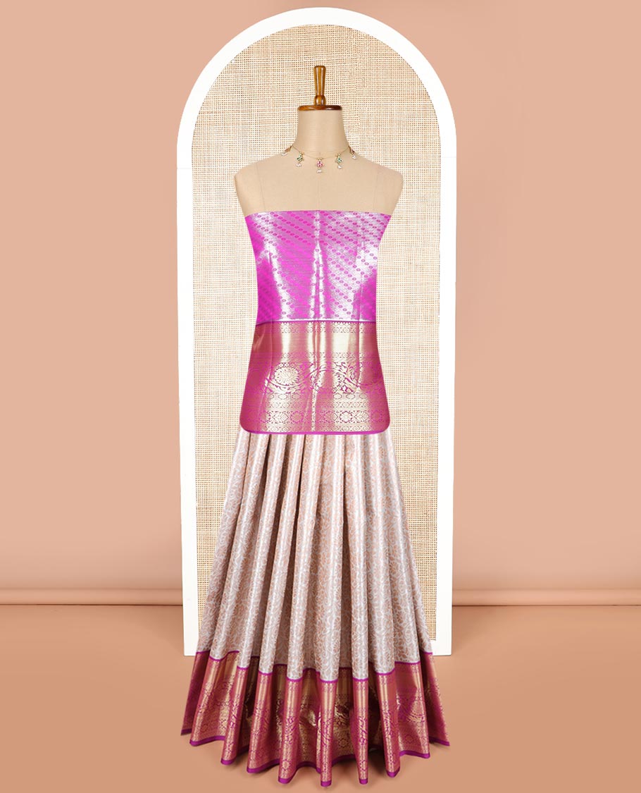 Cream floral jacquard art silk half saree with zari design border, zari design blouse plain, floral design dhavani