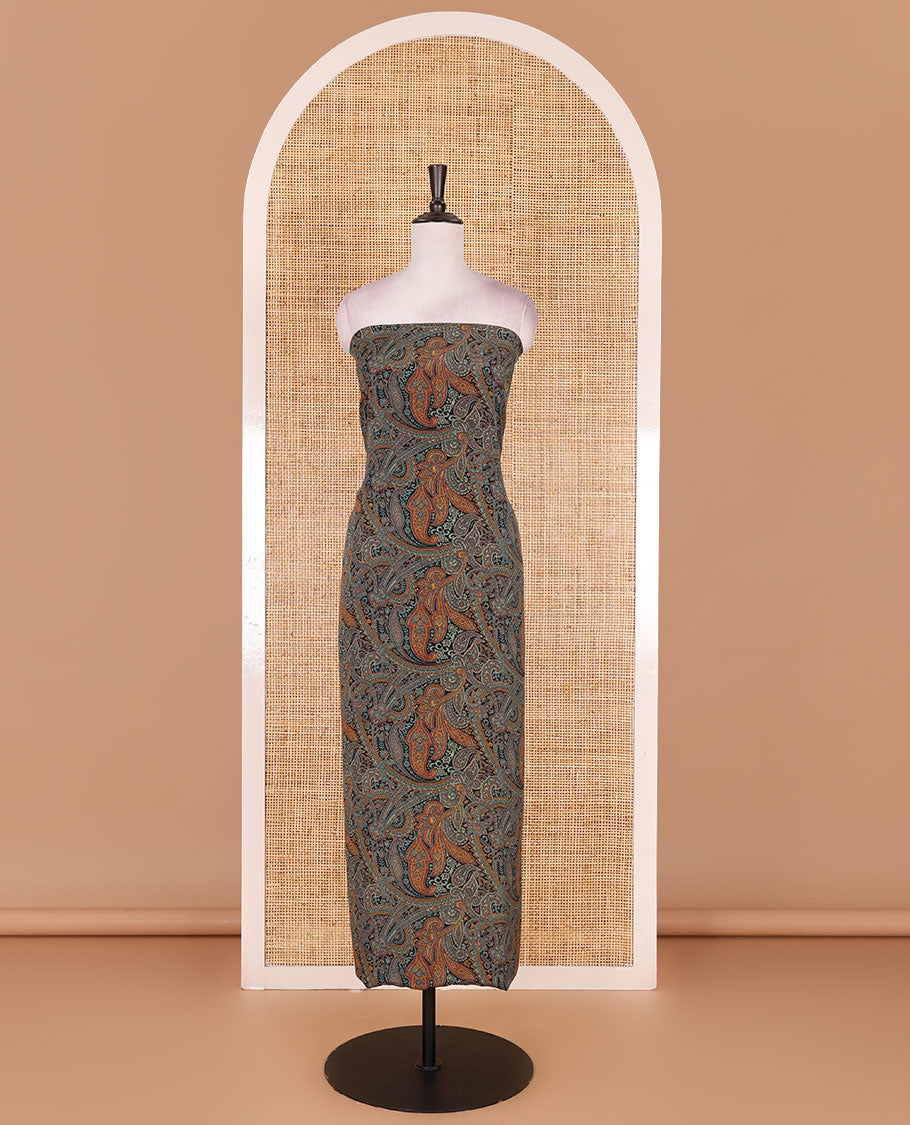 Light rama Italian crepe material chudidar set, paisley printed top, plain bottom, and floral-paisley printed georgrette dupatta