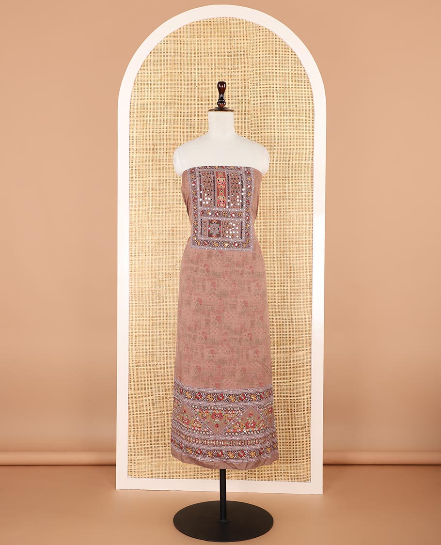Fawn jacquard ajrak, stone, mirror work crepe chudidhar material top with american crepe pant & chinnon material ajrak digital print , mirror work dupatta