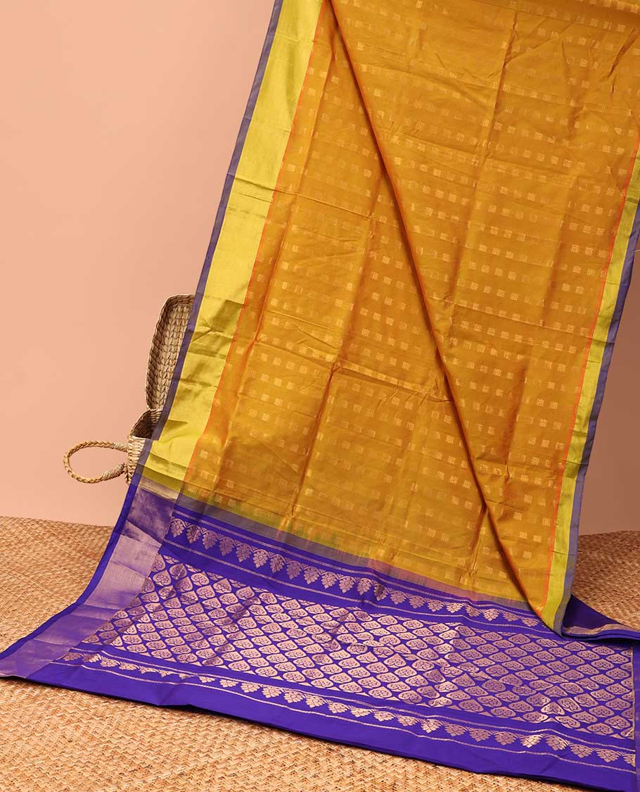 Mustard kupadam cotton saree with buttas, contrast plain border & pallu of ogee patterns