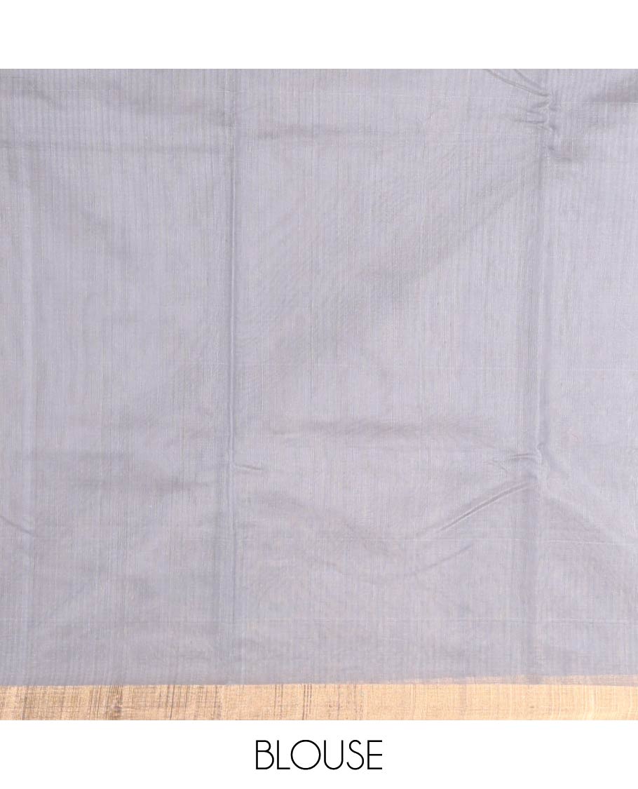 Grey floral motifs chanderi cotton saree with contrast border & striped pallu