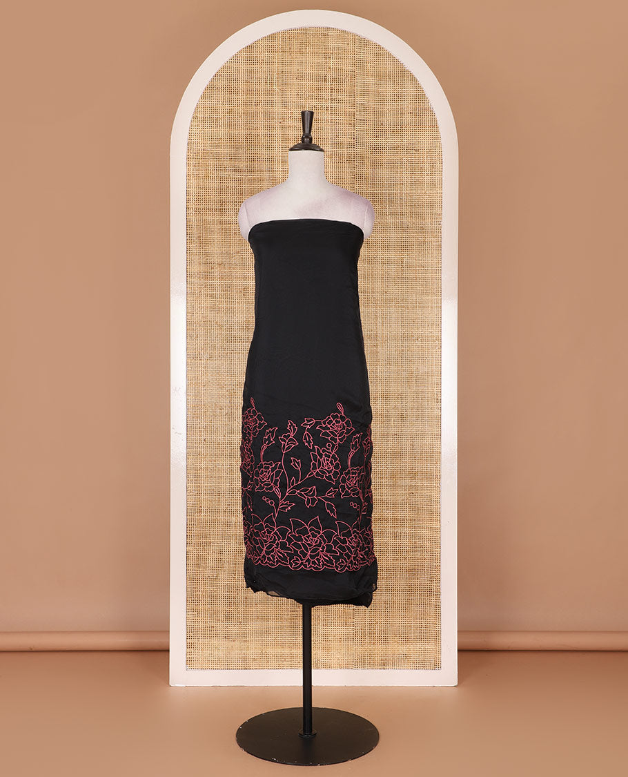 Black and rani pink organza material churidar set, Lucknowi chikankari floral vine embroidery top, plain bottom, and contrast floral embroidery dupatta