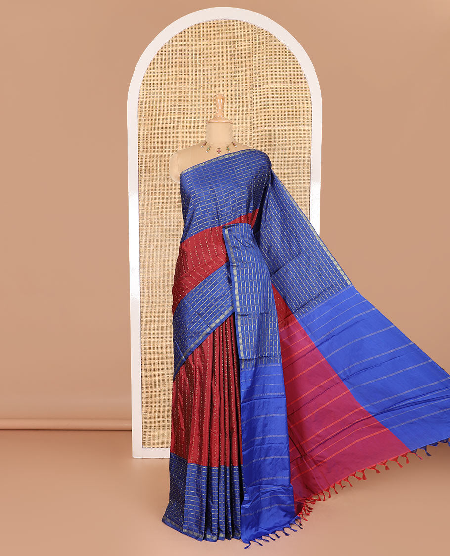Maroon Vaira Oosai patterned semi-soft silk saree, contrast double-sided zari woven big border, striped pallu, and a double-colored plain blouse