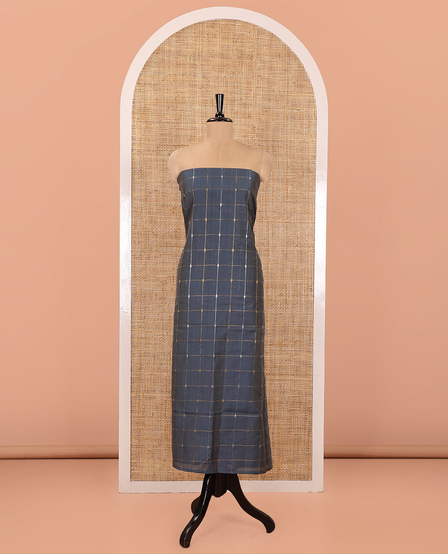 Blue Material Churidar Set, Embellished with Zari Checked Semi-Silk Top, Comes with a Contrast Plain Soft Cotton Bottom, and a Contrast Semi-Silk Dupatta, Pictures a Herd of Elephants