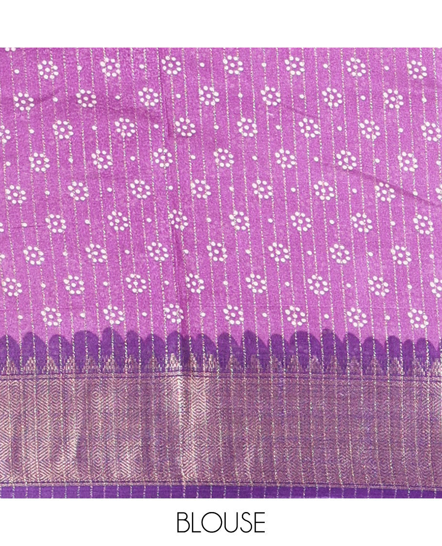 Lavender zari striped & batik-paisley dola silk saree,contrast traditional zari border,printed pallu & zari striped & butta print blouse