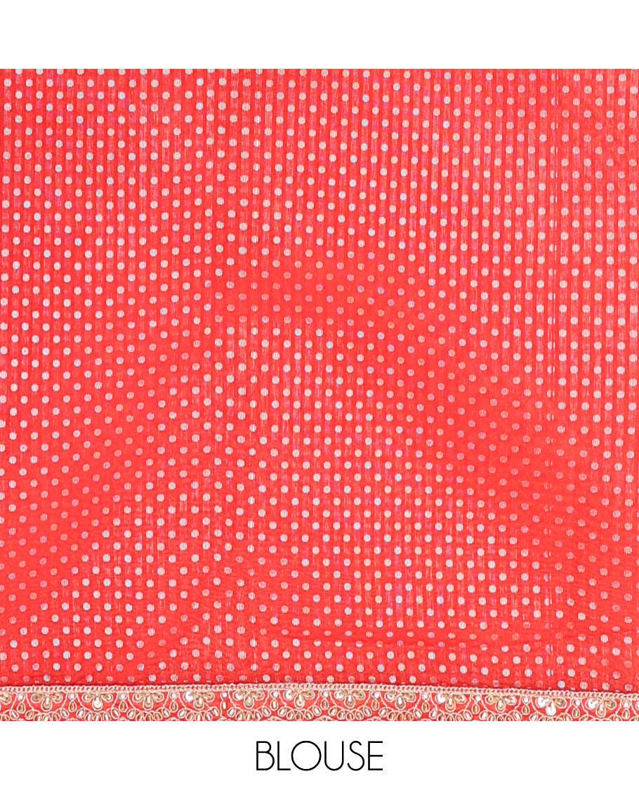 Red striped organza saree with floral embroidery scallop border & checked pallu