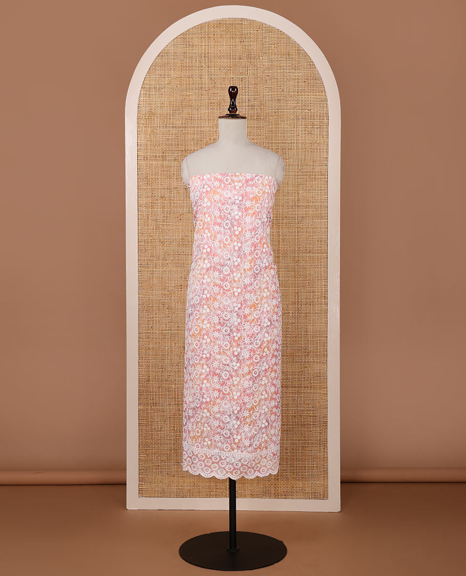 Pink chudidar material set, shibori-print & floral vine chikankari embroidered top,printed cotton bottom & floral chikankari embroidery chiffon dupatta