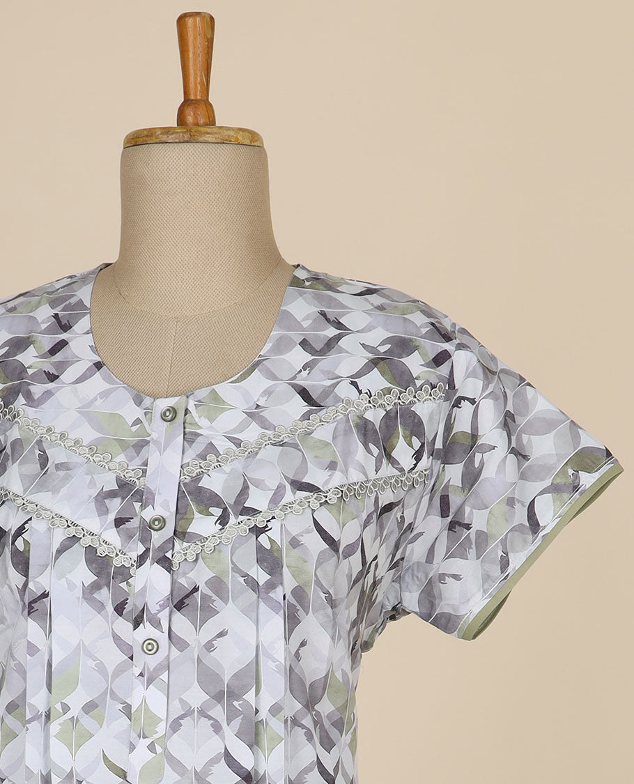 White geometric design printed & square neck with lace, cotton half sleeve nighty