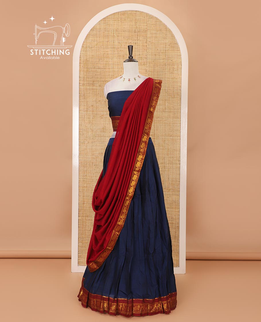 Navy blue mercedised cotton half-saree, plain contrast elephant zari border skirt, matching blouse & contrast maroon zari elephant border dhavani
