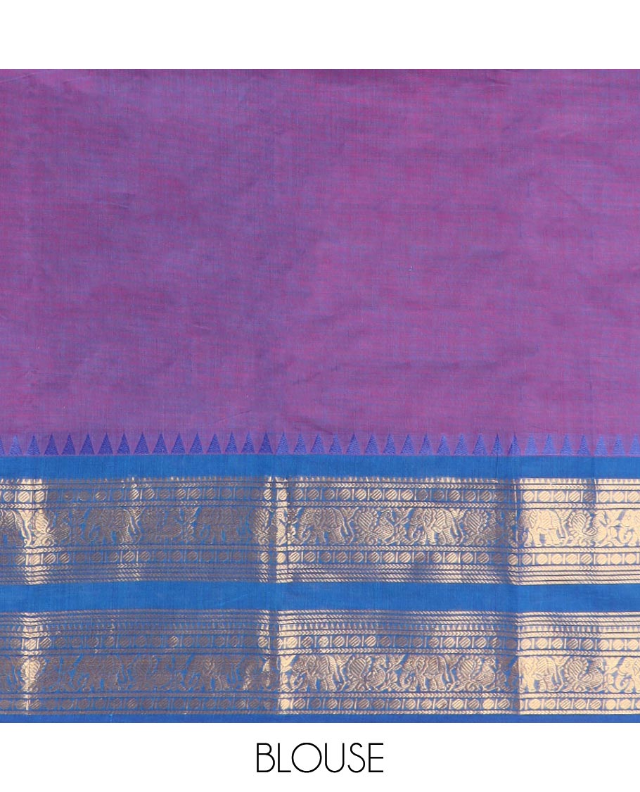 Violet cotton saree with contrast traditional zari design border & striped pallu