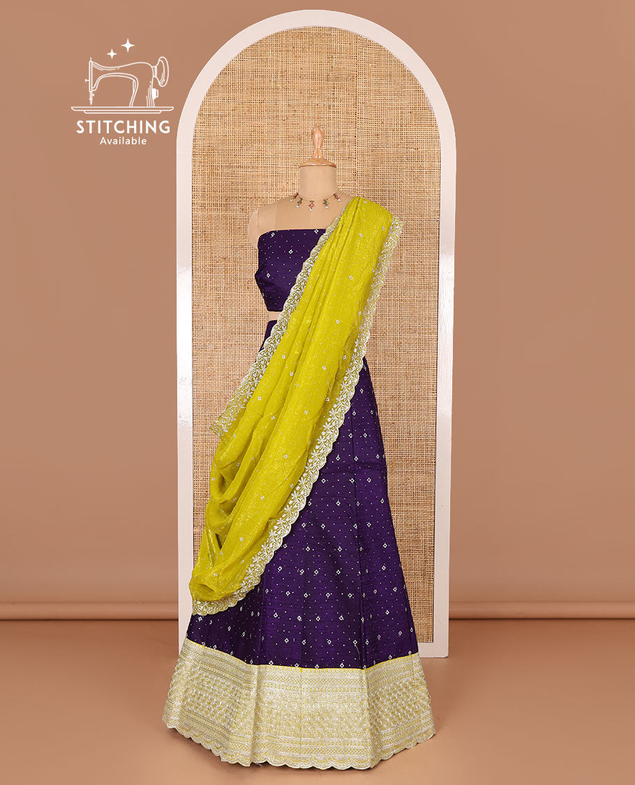 Violet half-saree, floral motifs embroidered semi raw silk top, matching embroidered blouse, and contrast scallop embroidered georgette dhavani