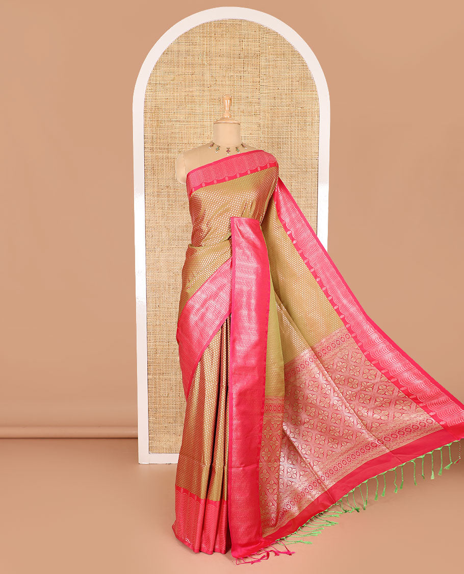 Mehendi green small zari buttas woven elite soft silk saree, contrast zari woven scallop satin border, jaal pallu, and a contrast chakram zari motifs blouse