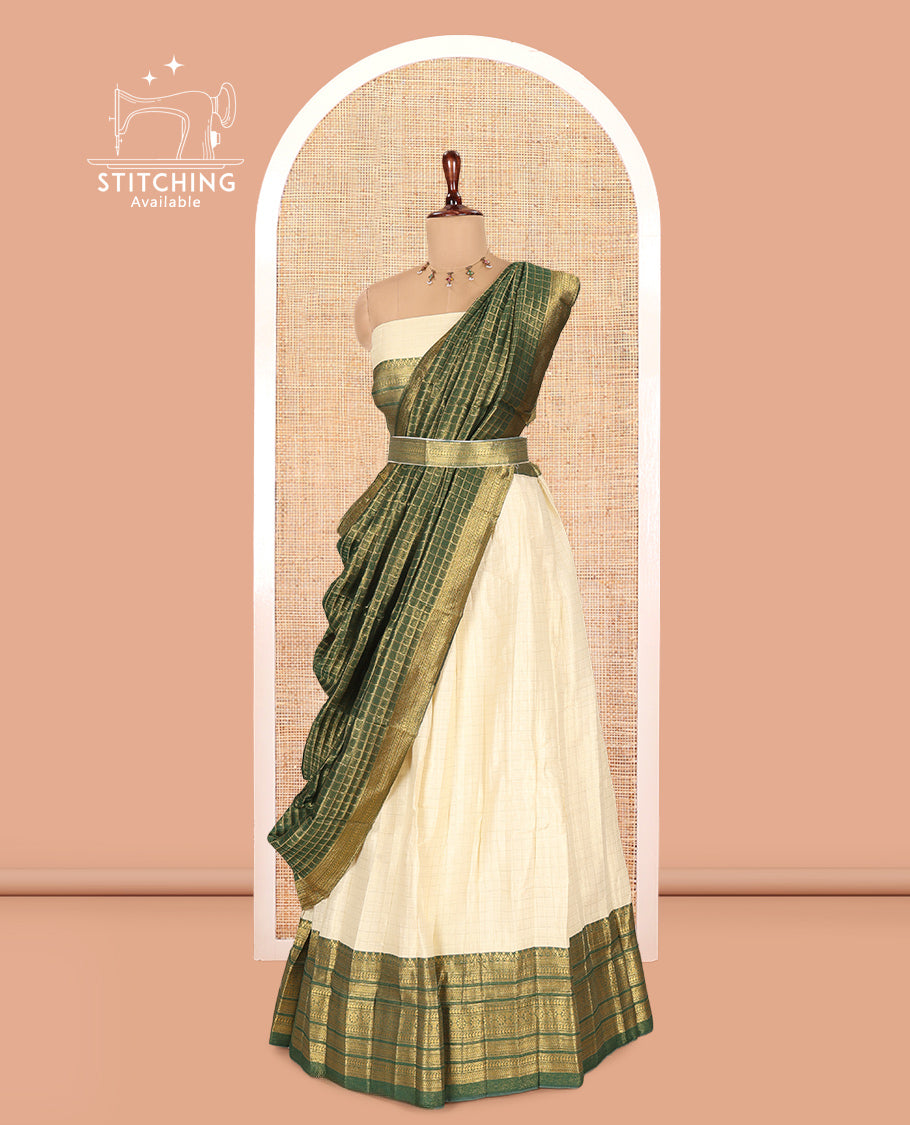 Cream-Green Semi-Silk Half-Saree