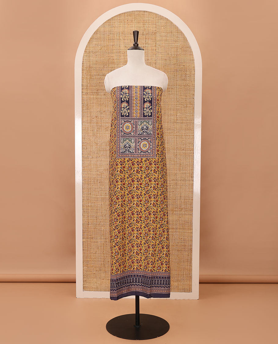 Mustard material chudidar set,floral-geometric Arjrakh print & stonework Masakali crepe top,plain bottom & Arjrakh print & stonework chinon dupatta