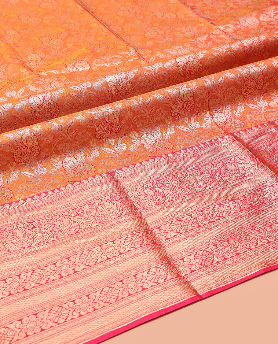 Orange Art Silk Half-Saree, Graced with Floral Jacquard Design, Contrast Traditional Zari Border, and Paired with a Matching Blouse