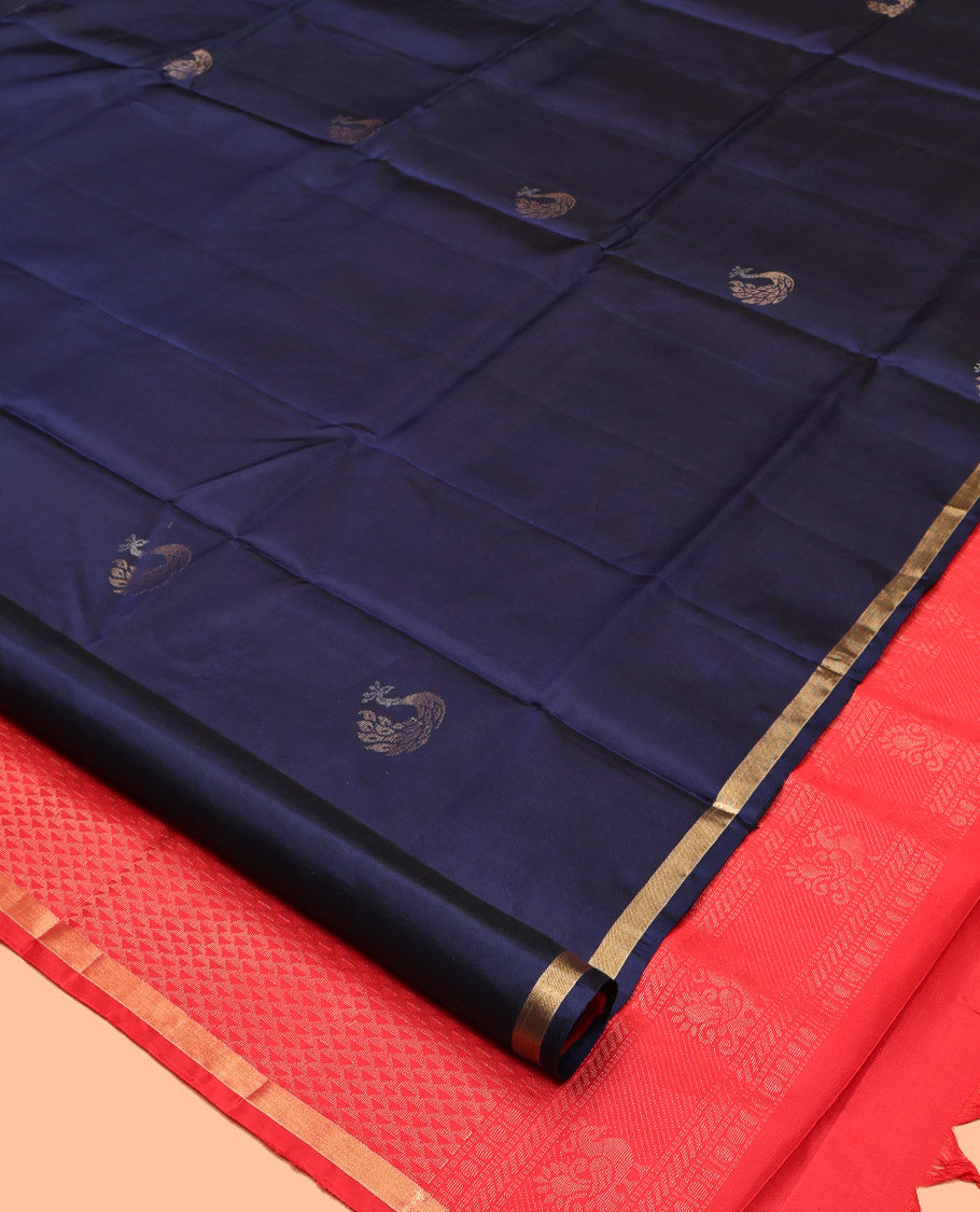 Blue Mayuri Lite Silk Mix Saree, Accentuated with Mayil Buttas, a Subtle Piping Zari Border, Contrast Ara Maadam Pallu and a Contrast Blouse