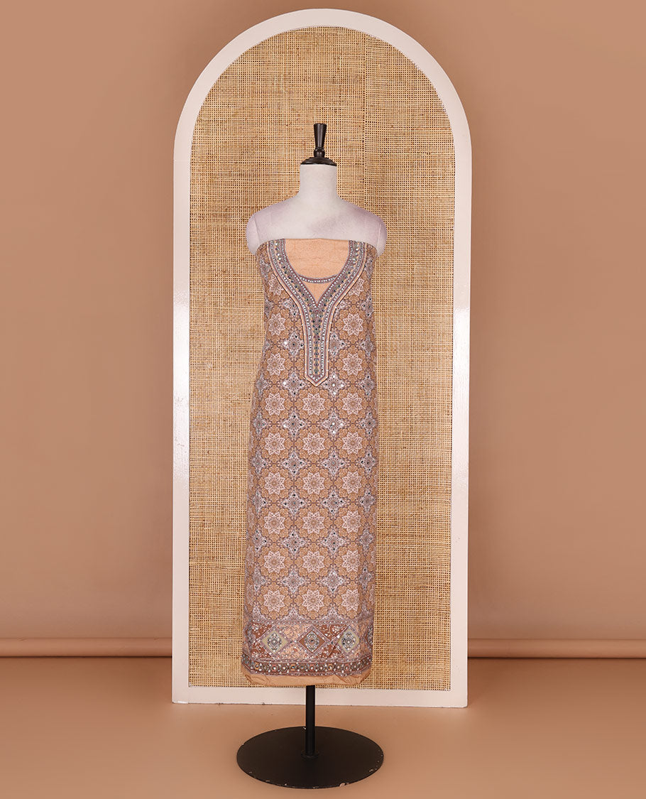 Chikku material chudidar set, intricately printed with original mirror work crepe top, Italian crepe bottom, and chinon digital print, mirror work dupatta