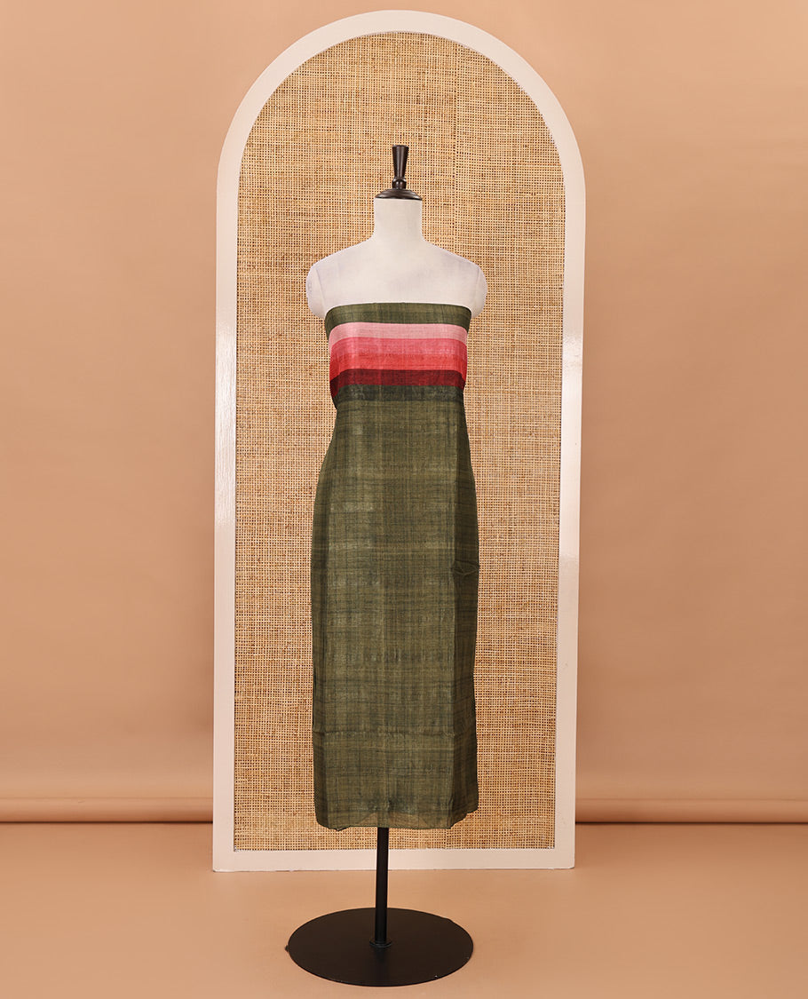 Olive green material chudidar set, horizontal ombre striped semi-tussar top, plain santoon bottom & horizontal ombre striped dupatta with tassels