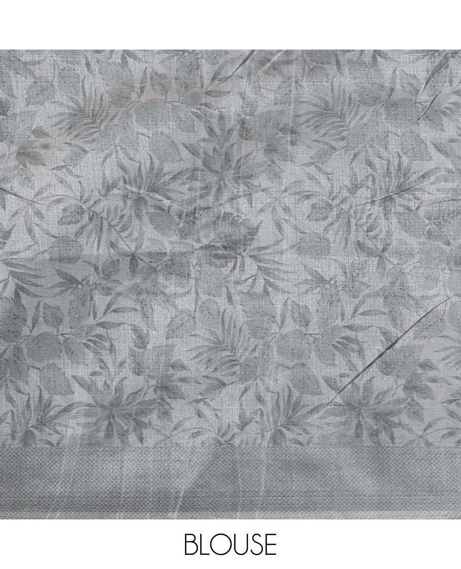 White tropical floral printed khadi cotton saree,contrast Grey printed border,floral-geometric printed pallu & tropical floral print blouse