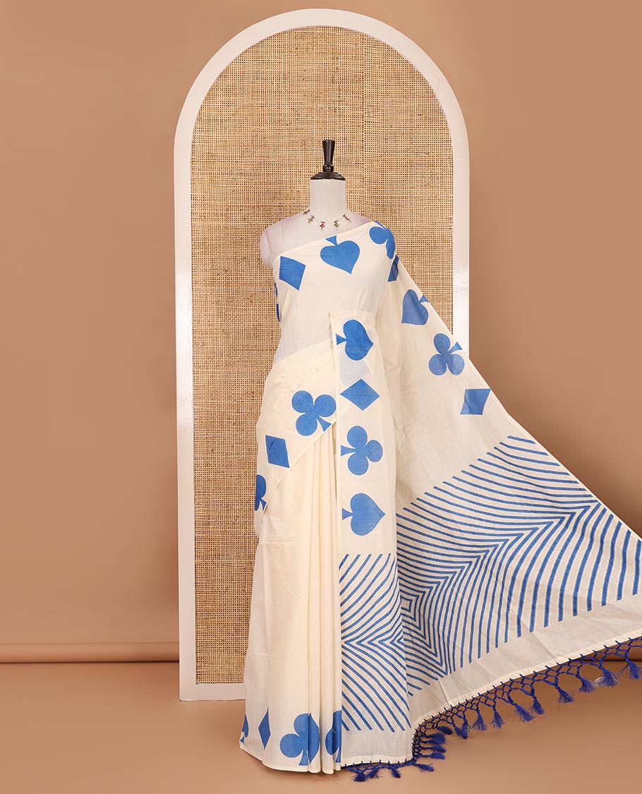 Cream-blue plain Kerala cotton saree, contrast color cards-theme printed border of Diamonds, Clubs, and Spades, leheriya-striped pallu, and plain blouse