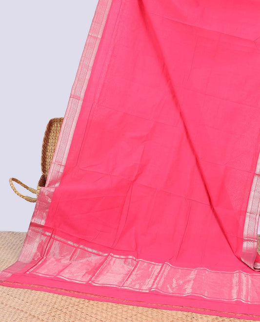 Pink mangalgiri cotton saree with self zari design border & striped pallu