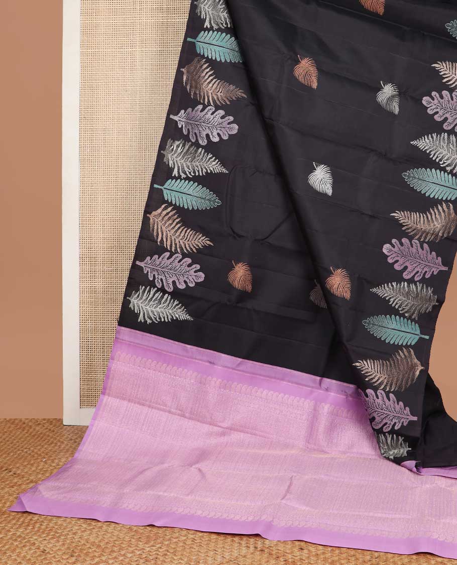Black leaf buttas kancheepuram silk saree with self border of leaf design & floral design pallu