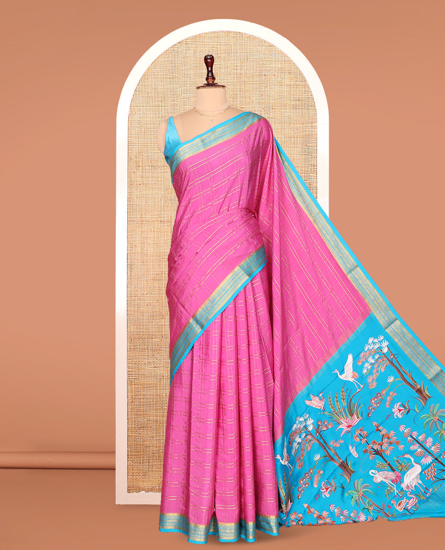 Pink Mysore Silk Saree, Gleamed up with Zari Checked Design on its Body, Complemented by Captivating Contrast Border of Traditional Zari Designs, Pallu of Tropical Flora and Flamingo Bird Designs, and Paired with a Contrast Blouse