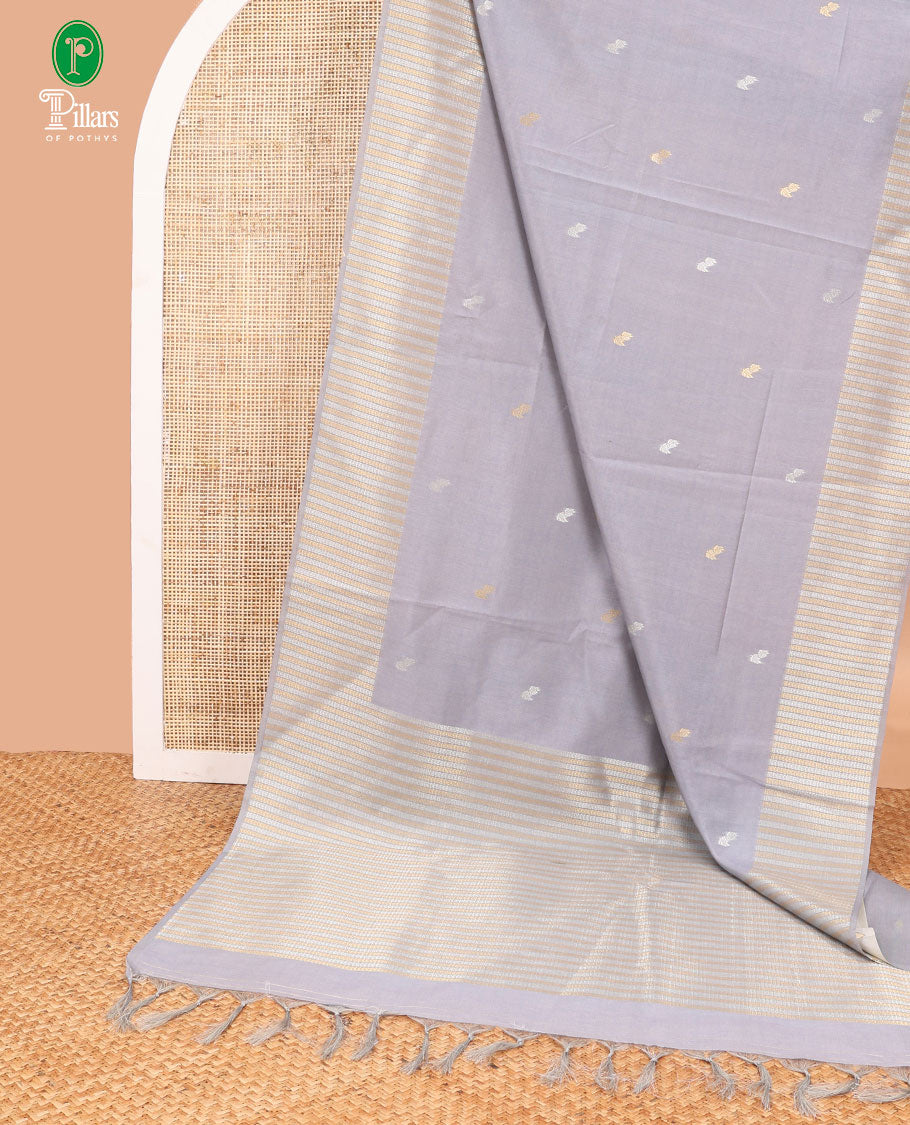 Grey leaf design art tussar saree with diamond design border & rich pallu along with butta design blouse