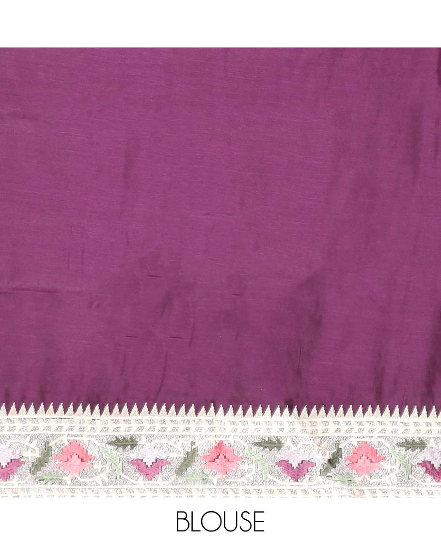 Violet polka dot semi-banaras tussar saree & contrast floral thread embroidered border